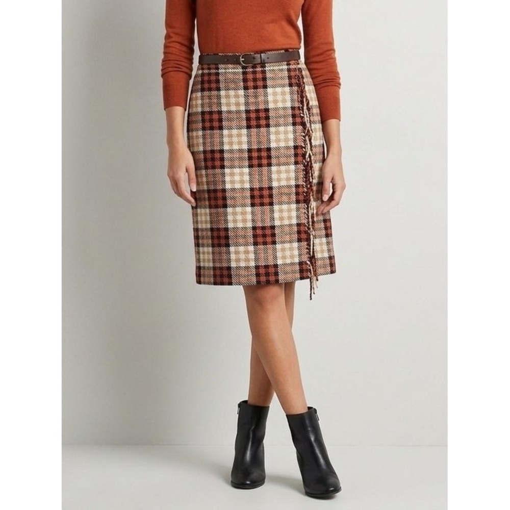 Talbots 12P Tartan Plaid Wool Blend Fringe Faux Wrap Skirt Rust Brown Tan Autumn